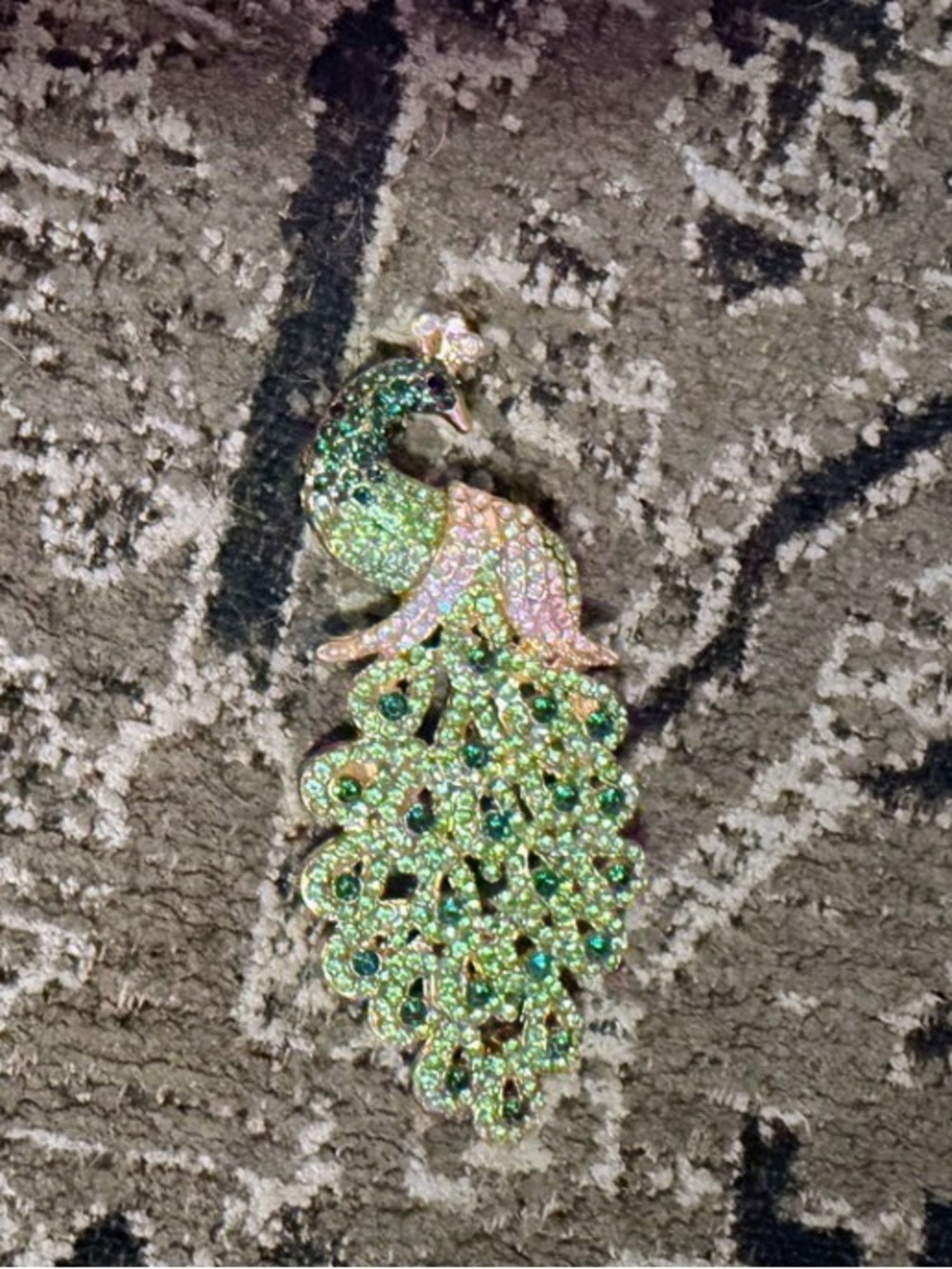 Rhinestone Peacock Brooch in Iridescent Green and Pink